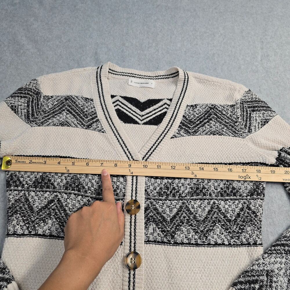Lucky Brand Long Cardigan Sweater M Ivory Black Fair Isle Boho Duster Soft Cozy - Picture 7 of 9